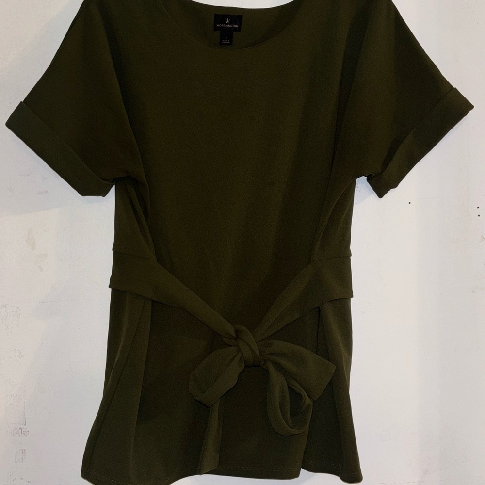 Dark Green Short Sleeve Top with Tie- work blouse